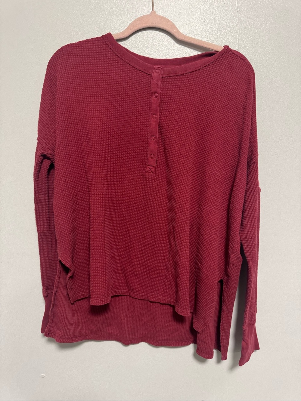 Offline by Aerie WOW! Waffle Henley Oversized T-shirt Cherry Tart Long Sleeve